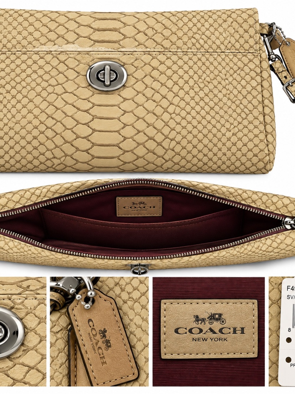 Coach Park Python Embossed Large Clutch Wristlet SV Natural F49556 NWT
